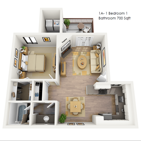 Floor plan for 1 bed, 1 bath, 700 sqft